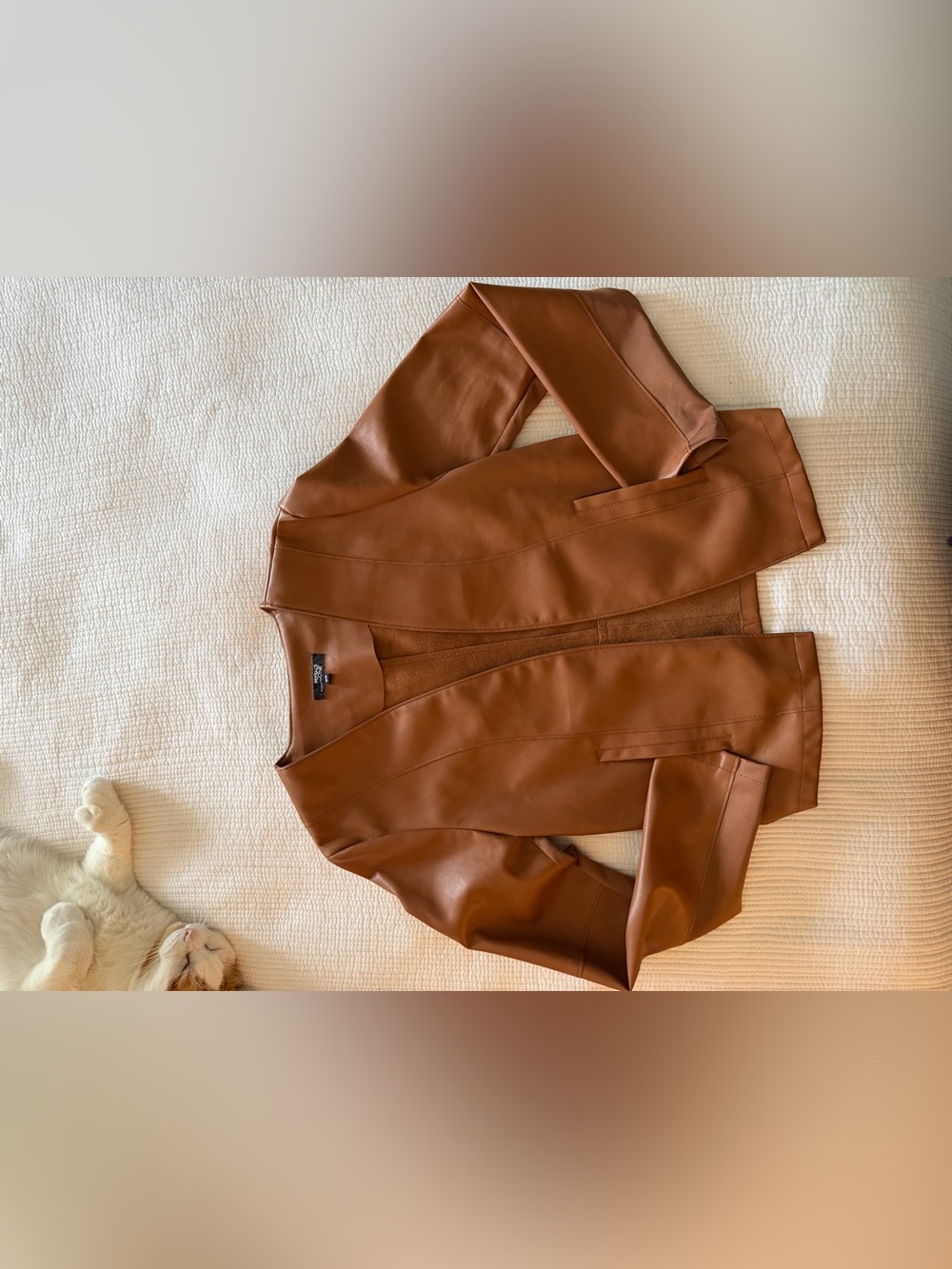 Womenโs Open-Front Faux Leather Jacket in Cognac Brown